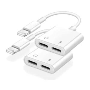 Dual Lightning Splitter connecting headphones and a charging cable to an Apple iPhone-sellertree