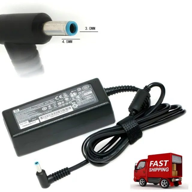 HP 65W Charger with blue pin connecting to an HP Pavilion laptop