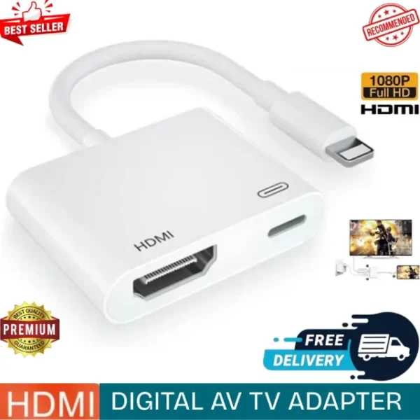 Lightning HDMI Adapter connecting an iPhone to a large 1080P television screen