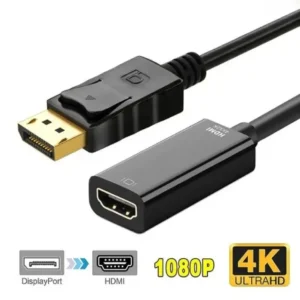 DP to HDMI adapter connecting a desktop computer to a large 4K television screen